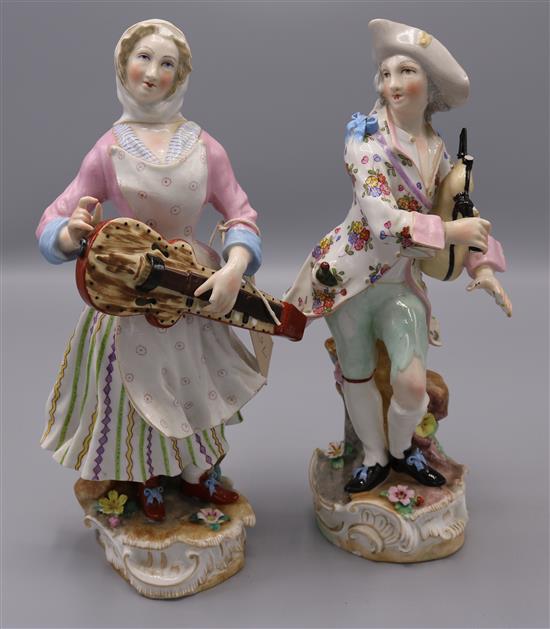 Pair of Meissen style figures of Hurdy Gurdy player & a bagpiper